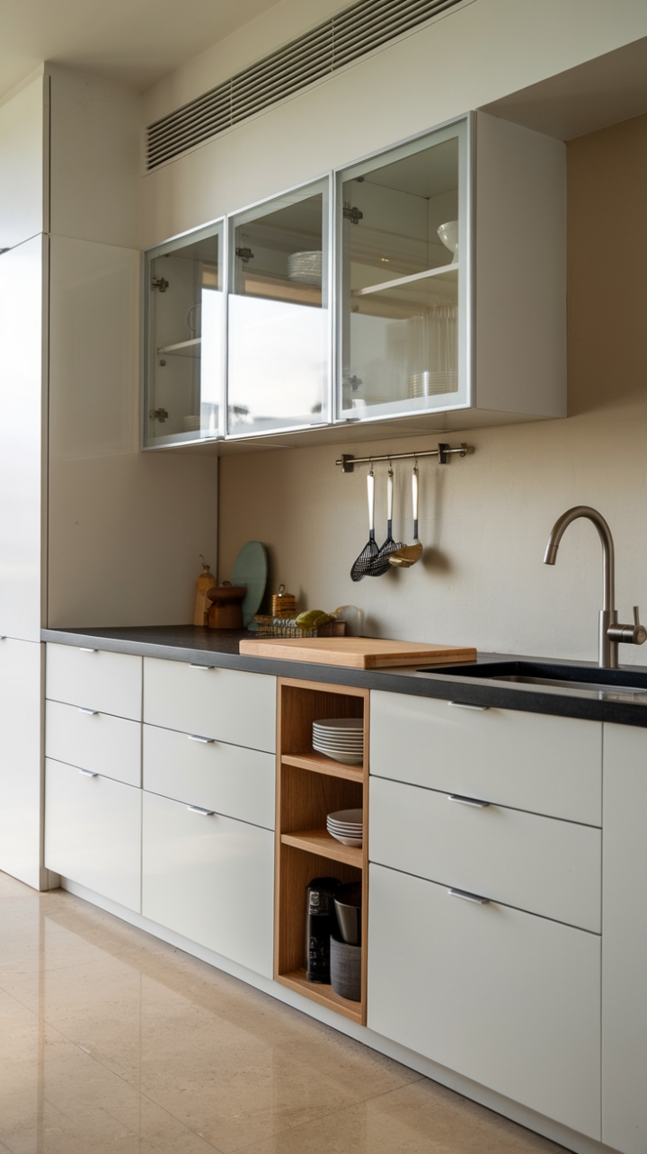 This contemporary kitchen exudes sophistication with its sleek cabinetry and minimalist design, showcasing a pristine white cabinet that harmoniously blends functionality with style. The striking black countertop, featuring a built-in cutting board, serves as a bold centerpiece, while the glass-doored upper cabinet adds a touch of elegance and transparency. A modern stainless steel faucet complements the overall aesthetic, and a convenient pot holder nearby enhances the kitchen's practicality. The warm beige tiled floor grounds the space, creating a welcoming atmosphere perfect for culinary creativity.
