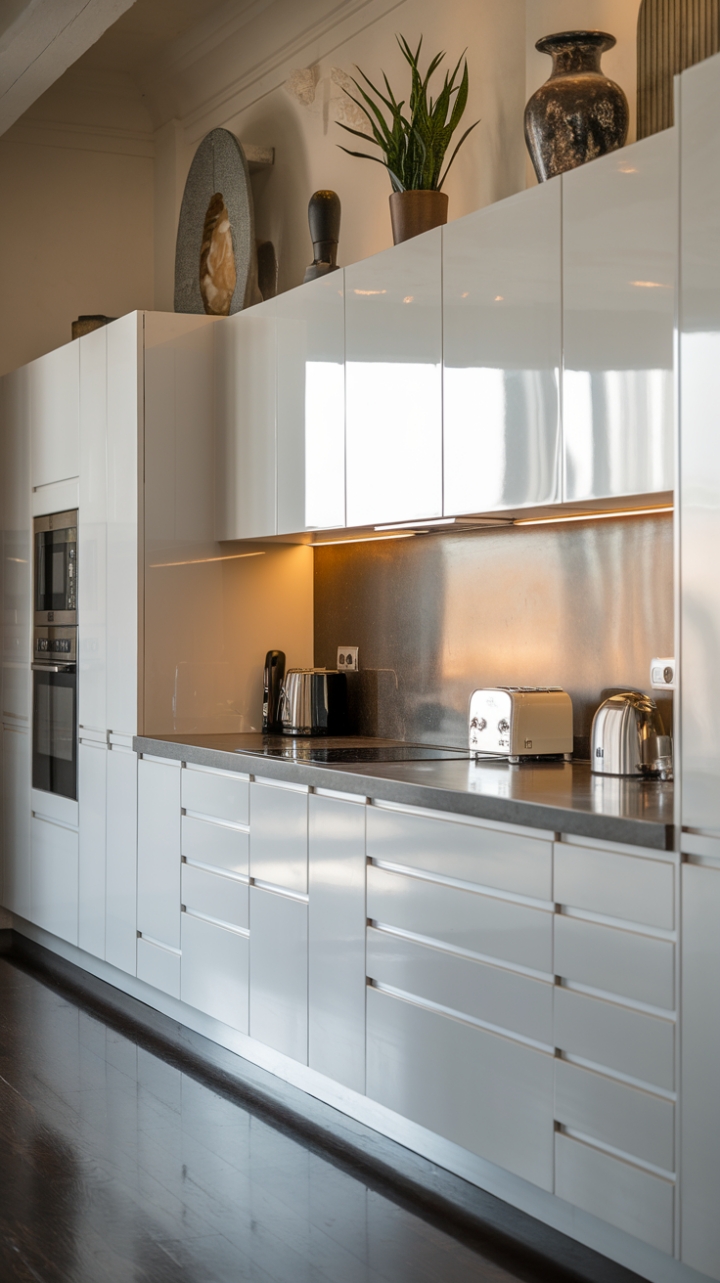 In this stunning contemporary kitchen, sleek white cabinetry with minimalist design principles creates an inviting atmosphere, featuring smooth push-to-open drawers that enhance its streamlined look. The dark, polished stone countertop serves as a bold focal point, complemented by a chic kettle and a toaster that add a touch of modernity. Dark wood flooring grounds the space, while decorative accents like a potted plant and a tasteful vase infuse personality. With bright, warm lighting illuminating every corner, this kitchen is a perfect fusion of elegance and functionality, ideal for both cooking and entertaining.