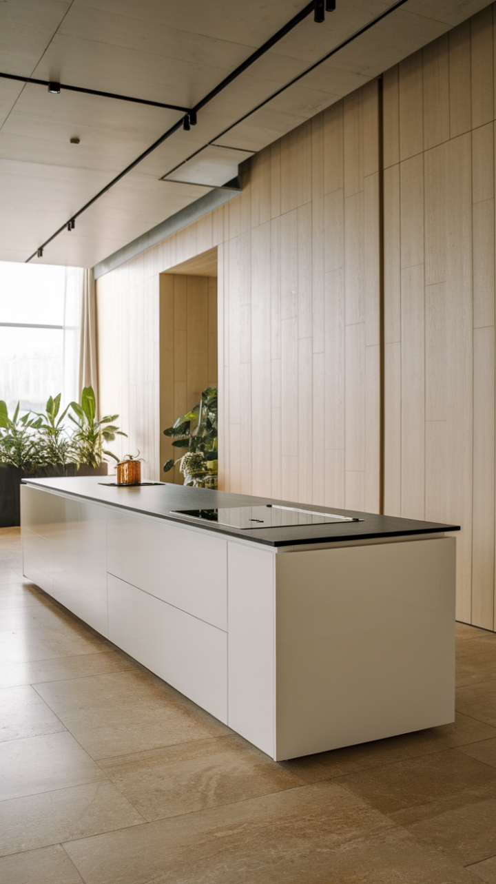 Sculptural lines and a sophisticated palette define this minimalist kitchen. The stark white island, topped with a dramatic black countertop and integrated cooktop, anchors the space, while light wood paneling adds warmth and texture. Beige tile flooring completes the serene, modern aesthetic.