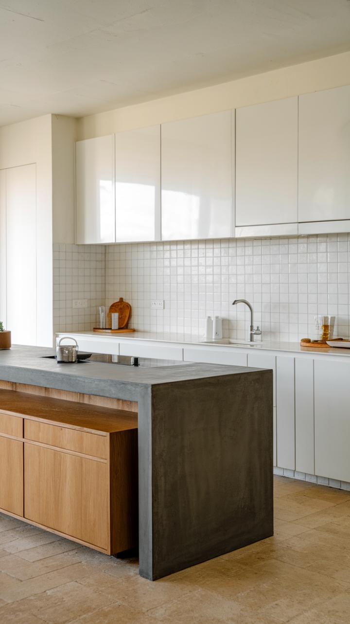 This stunning open-concept kitchen showcases a seamless blend of contemporary style and minimalist aesthetics, highlighted by a striking dark grey concrete countertop on the sleek island. Surrounded by pristine white cabinets, the island features a modern white sink and a gleaming stainless steel faucet, creating a chic focal point. The walls are adorned with clean white tiles that enhance the light-filled atmosphere, while a warm wooden cabinet tucked beneath the counter adds a touch of warmth. The beige tiled floor ties the space together, offering a soft foundation that invites both culinary creativity and effortless entertaining.