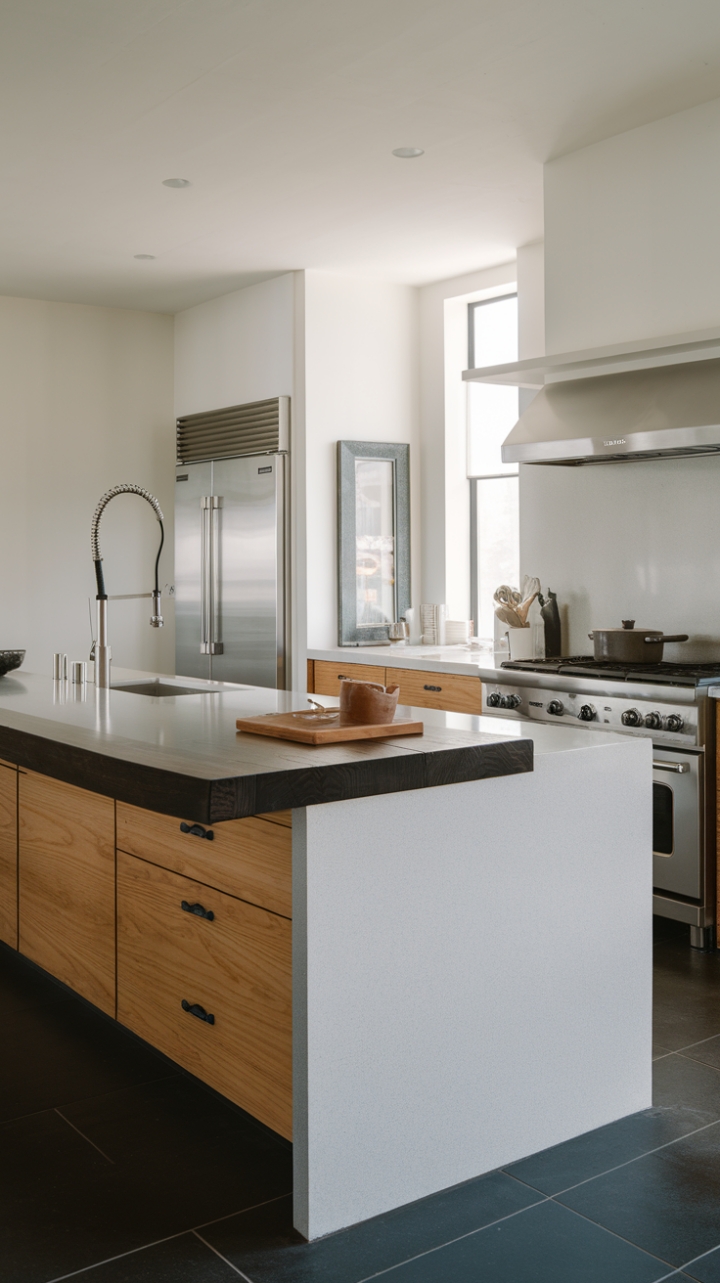 Indulge in the sophisticated simplicity of this contemporary kitchen. Dark wood contrasts beautifully with crisp white quartz countertops, creating a space that's both elegant and functional. The sleek island, complete with a built-in sink and stylish faucet, anchors the room, while the dark tile flooring adds a touch of understated drama. A perfect blend of form and function for the modern homeowner.