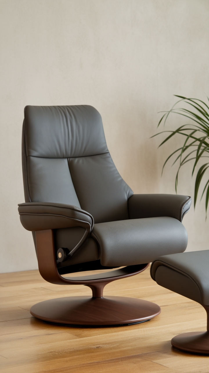 Sink into serenity with this contemporary recliner. The dark grey, leather-like material and streamlined silhouette exude understated elegance. Perfectly positioned against a backdrop of natural wood and lush greenery, this chair is the ultimate sanctuary for unwinding after a long day.