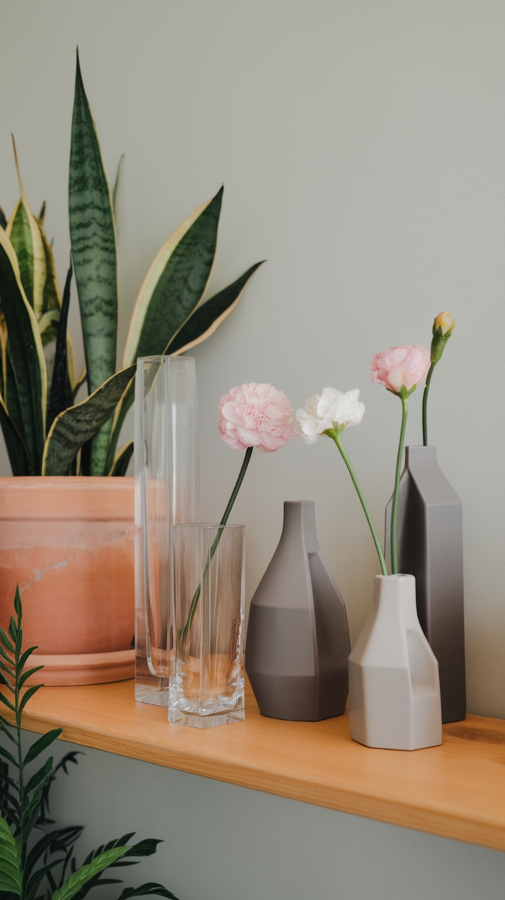 In this serene minimalist living room, a harmonious blend of modern aesthetics and natural beauty takes center stage. A wooden shelf showcases an array of contemporary vases, crafted from glass and ceramic, each boasting sleek geometric designs that add a touch of sophistication. Nestled among these striking pieces are floral holders brimming with fresh blooms in delicate shades of pink and white, creating a vibrant contrast against the crisp white wall behind. Potted plants with lush green leaves further enhance the space, infusing it with life and a refreshing sense of tranquility.