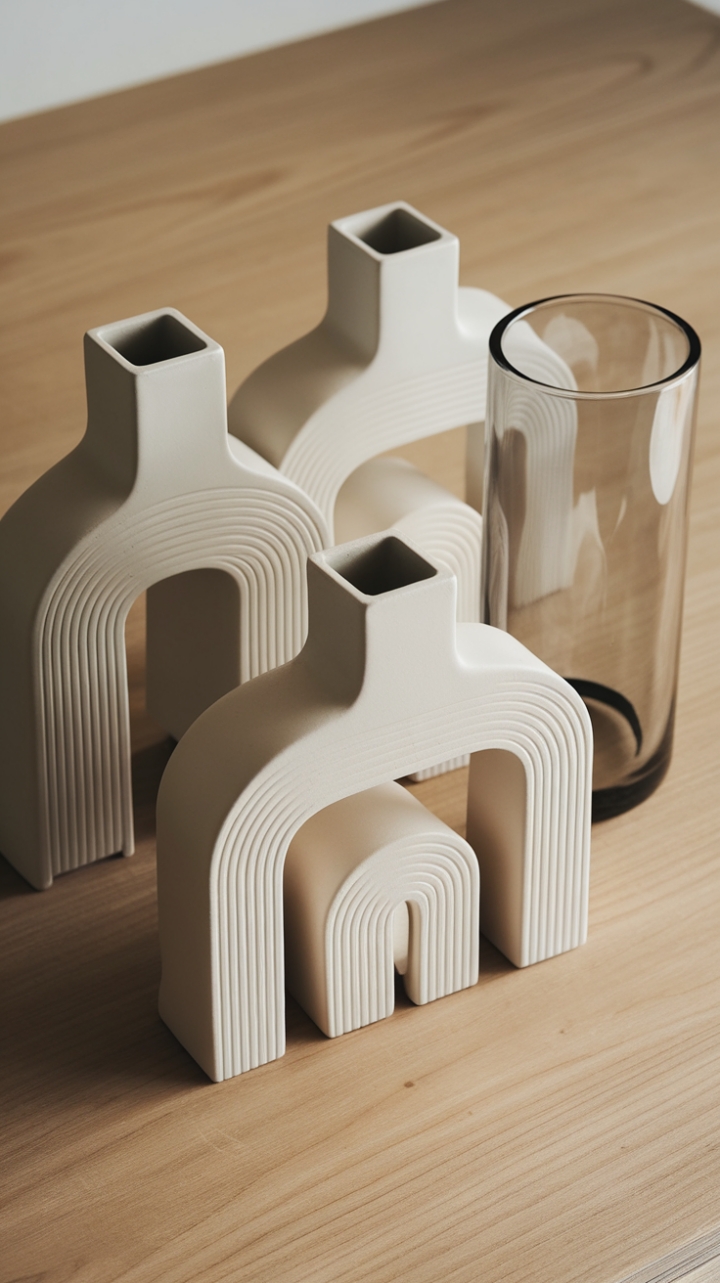 This captivating display of modern vases embodies the essence of minimalist design, where form meets function in a harmonious blend. The three white ceramic vases, with their artistic curves and textured finishes, create a striking visual contrast against the simplicity of the clear glass vase, which stands tall in its cylindrical elegance. Resting on a natural wooden surface, this arrangement not only enhances the beauty of the vases but also brings a serene, contemporary vibe to the surrounding space, making it a perfect focal point for any decor.