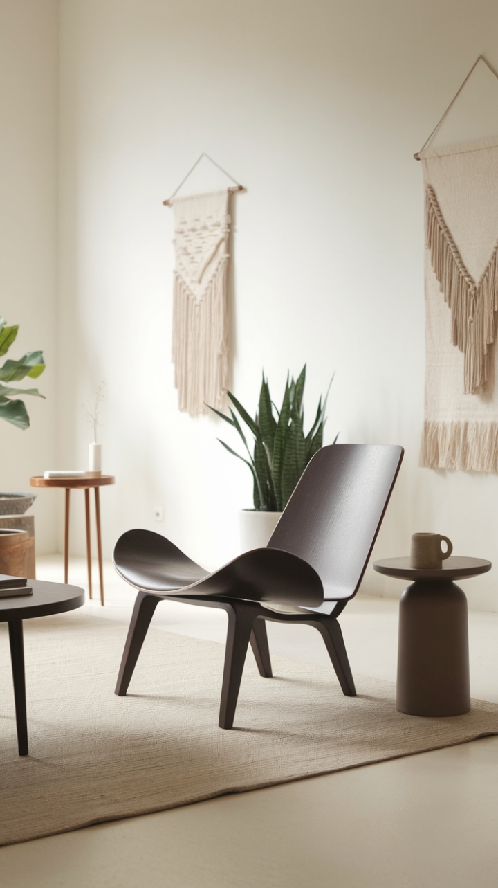 Sculptural curves meet minimalist serenity in this living room haven. The dark wood lounge chair, a statement piece in itself, anchors the space with quiet sophistication, its form perfectly complemented by the soft beige rug and carefully curated accents. The overall effect? Unpretentious luxury.
