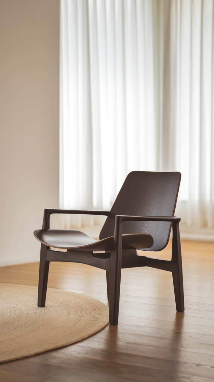 Sculptural form meets serene simplicity. This dark wood lounge chair, a study in minimalist elegance, commands attention while inviting relaxation. The gentle curve of the seat and the rich tone of the wood create a focal point, perfectly complemented by the soft glow of natural light streaming through sheer curtains. A small rug anchors the piece, grounding its sophisticated presence within the airy, bright space.