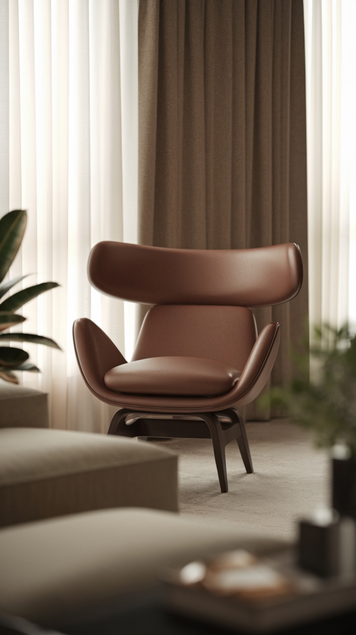 With its striking minimalist silhouette, this contemporary lounge chair serves as a stunning focal point in a chic living room. Positioned near a window adorned with delicate curtains, it basks in the gentle glow of soft lighting, inviting you to unwind. The beige sofa and curated decorative accents create a warm, inviting backdrop, while a vibrant plant peeking from the corner breathes life into the space, making it a perfect blend of comfort and modern elegance.