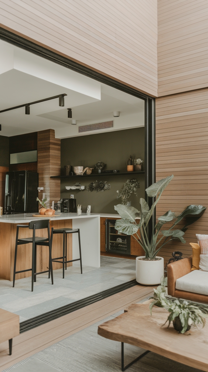 Modern living redefined. Clean lines, natural textures, and a harmonious blend of form and function define this stunning urban residence. The open-concept design effortlessly connects the kitchen and living areas, creating a space that's both inviting and incredibly chic. Sustainable materials and black-and-white accents add a touch of understated elegance.