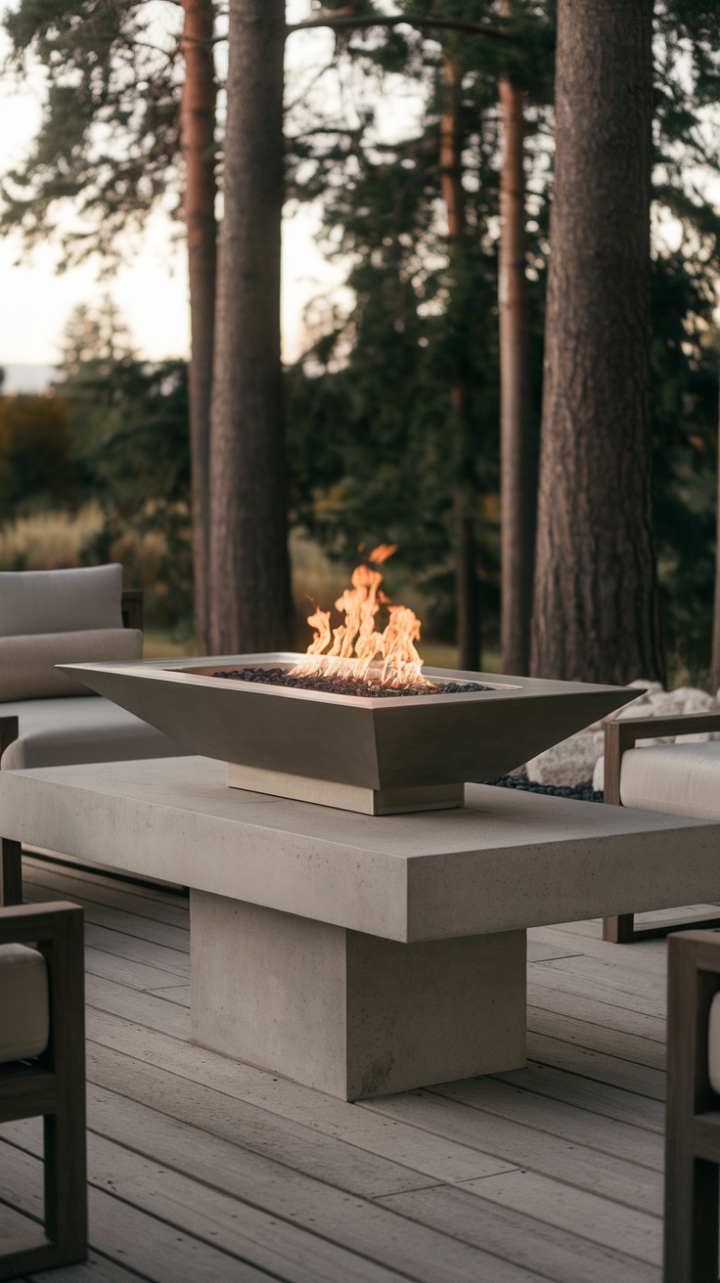 Embrace the art of outdoor living with this striking contemporary fireplace, where the clean lines of its concrete structure and minimalist bowl create a focal point of sophistication. Nestled on a wooden deck and surrounded by plush seating, it offers a cozy retreat for gatherings, while the gentle illumination from the flames enhances the natural beauty of the tall trees that stand sentinel in the background, inviting you to unwind in style.