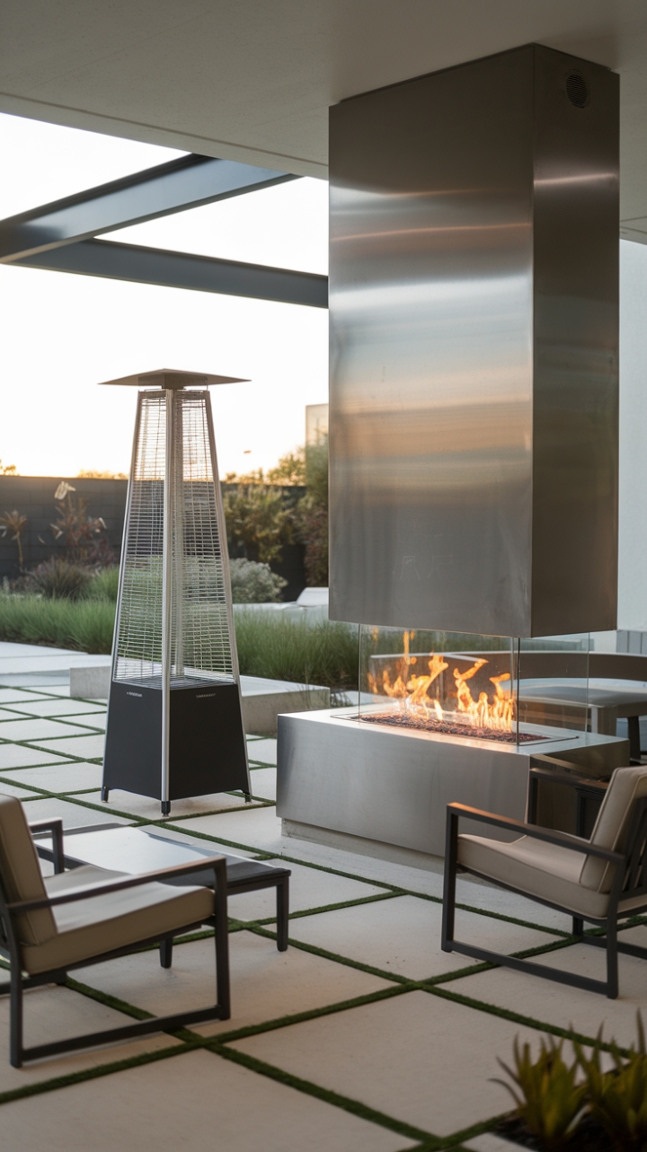 Unwind in style with this contemporary patio setup. The striking metal fireplace offers both warmth and visual interest, while the slender heater ensures cozy comfort. Simple yet chic furniture and a vibrant garden backdrop create a serene escape perfect for relaxation and entertaining.