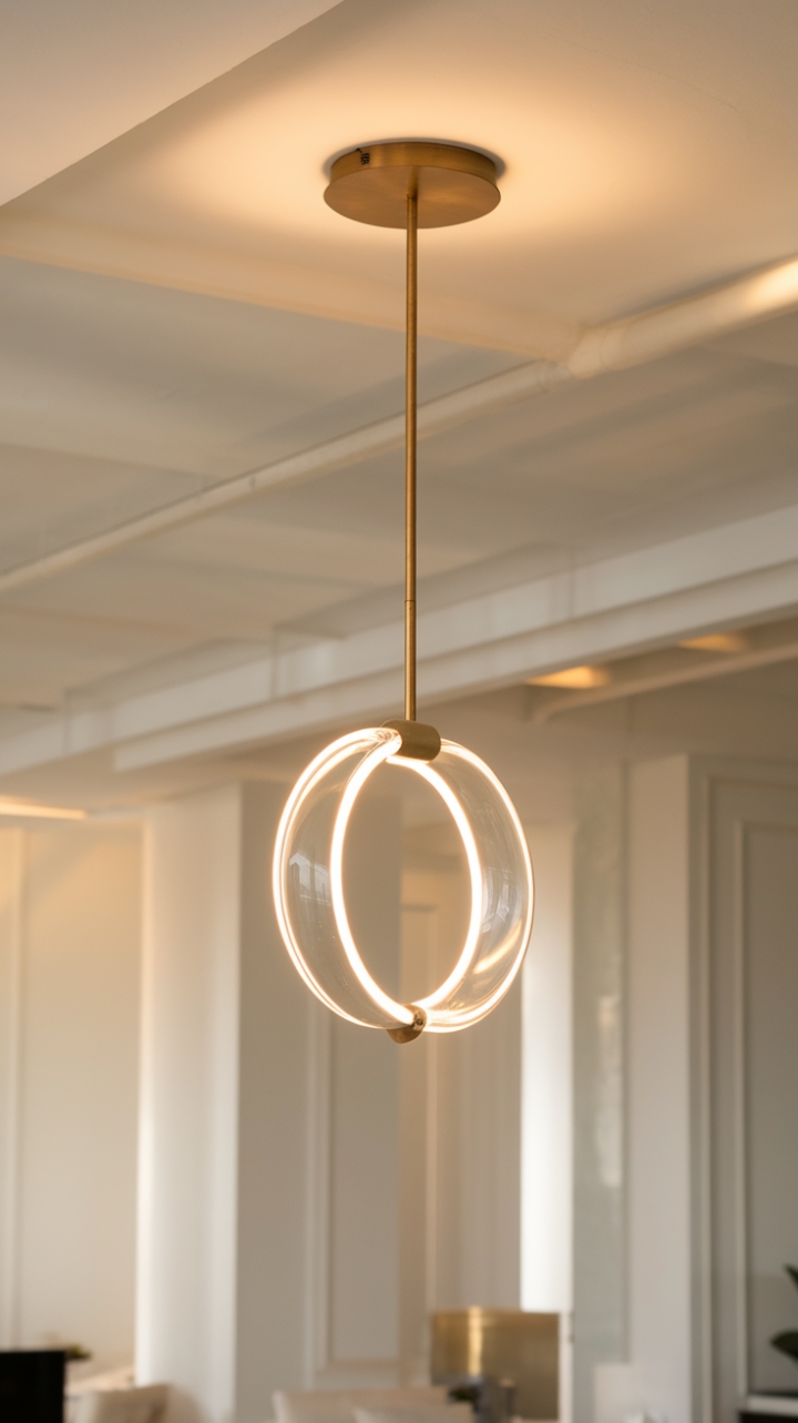 Let there be light! This stunning circular pendant, suspended from a delicate brass rod, is more than just a fixture; it's a statement piece. The clear glass diffuses a soft, ambient light, transforming any room into a haven of sophisticated style.