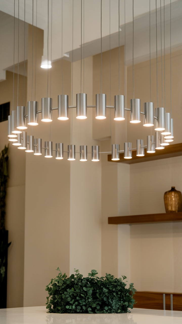 Bathed in soft illumination, this striking modern chandelier showcases a series of sleek, cylindrical lights arranged in a captivating semi-circle, where the smallest fixtures at the center gradually give way to larger ones at the edges. Positioned above a pristine white table that hosts a lively green plant, this centerpiece draws the eye and enhances the room's ambiance. The warm beige wall and rustic wooden shelf in the background create a serene and inviting atmosphere, making this space a perfect fusion of modern design and organic charm.