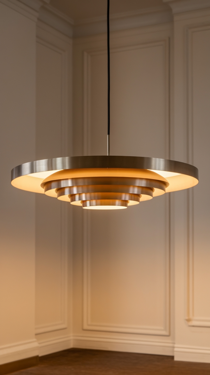 This contemporary pendant light embodies the essence of minimalist design, featuring a sleek, circular metal structure that captivates with its layered dimensions. Suspended gracefully from the ceiling, it creates a striking focal point, while its warm, golden glow bathes the room in a cozy ambiance, enhancing the clean lines of the white walls and the natural warmth of the wooden floor. The interplay of light and shadow adds depth, making this piece not just a source of illumination, but a work of art that transforms the space into a serene sanctuary.