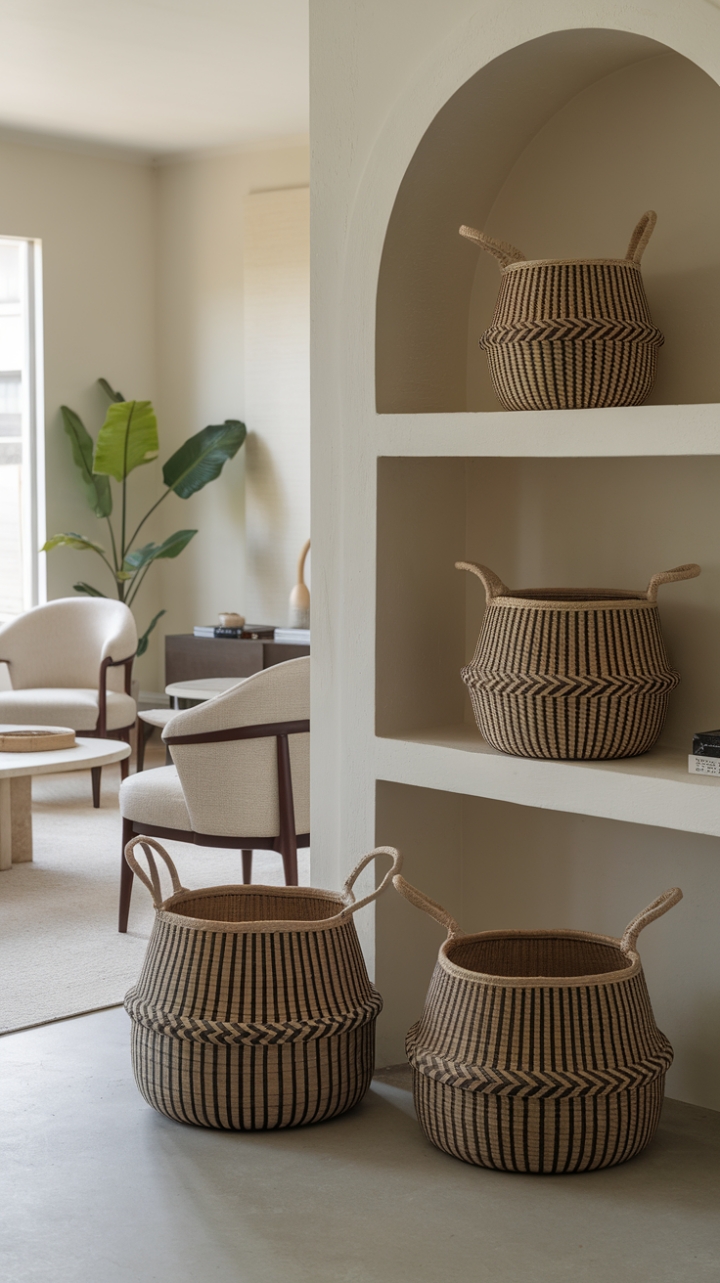 This minimalist living room exudes tranquility, where every element is thoughtfully curated to enhance both beauty and utility. The handcrafted woven baskets, strategically placed on the floor and a stylish shelf, serve as both storage and eye-catching decor, embodying the essence of functional artistry. A plush beige sofa, paired with a few elegant chairs and a contemporary coffee table, invites comfort, while a lush plant adds a refreshing pop of greenery against the softly painted walls, creating a serene retreat that feels both modern and welcoming.