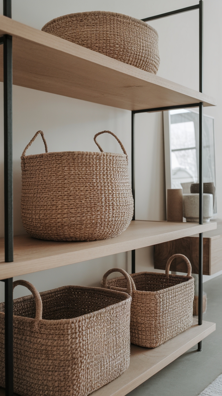 Unveiling the understated elegance of minimalist living. Three handcrafted woven baskets, each a testament to natural artistry, rest on a warm wood shelf, adding texture and subtle warmth to this serene space. Their organic forms-a generous round and two sleek rectangles-speak to a sophisticated simplicity. The perfect blend of function and form for the modern home.