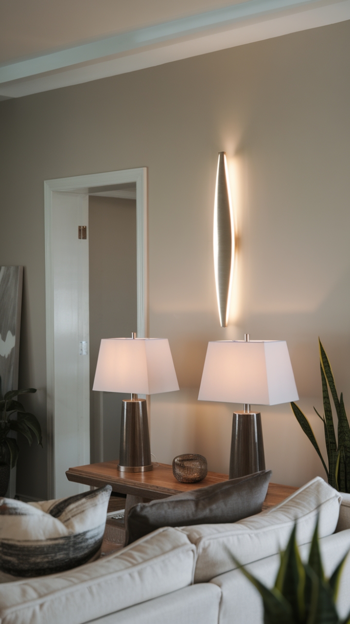 A stunning showcase of contemporary design, this living room radiates sophistication with its minimalist aesthetic. The sleek lamps on the wooden side table provide a warm illumination, while the modern wall sconce near the door enhances the room's stylish appeal. The crisp white sofa serves as a focal point, surrounded by lush plants that add a refreshing touch against the soft light grey backdrop. With its carefully selected decorative accents, this space captures the essence of modern elegance, inviting both comfort and visual delight.