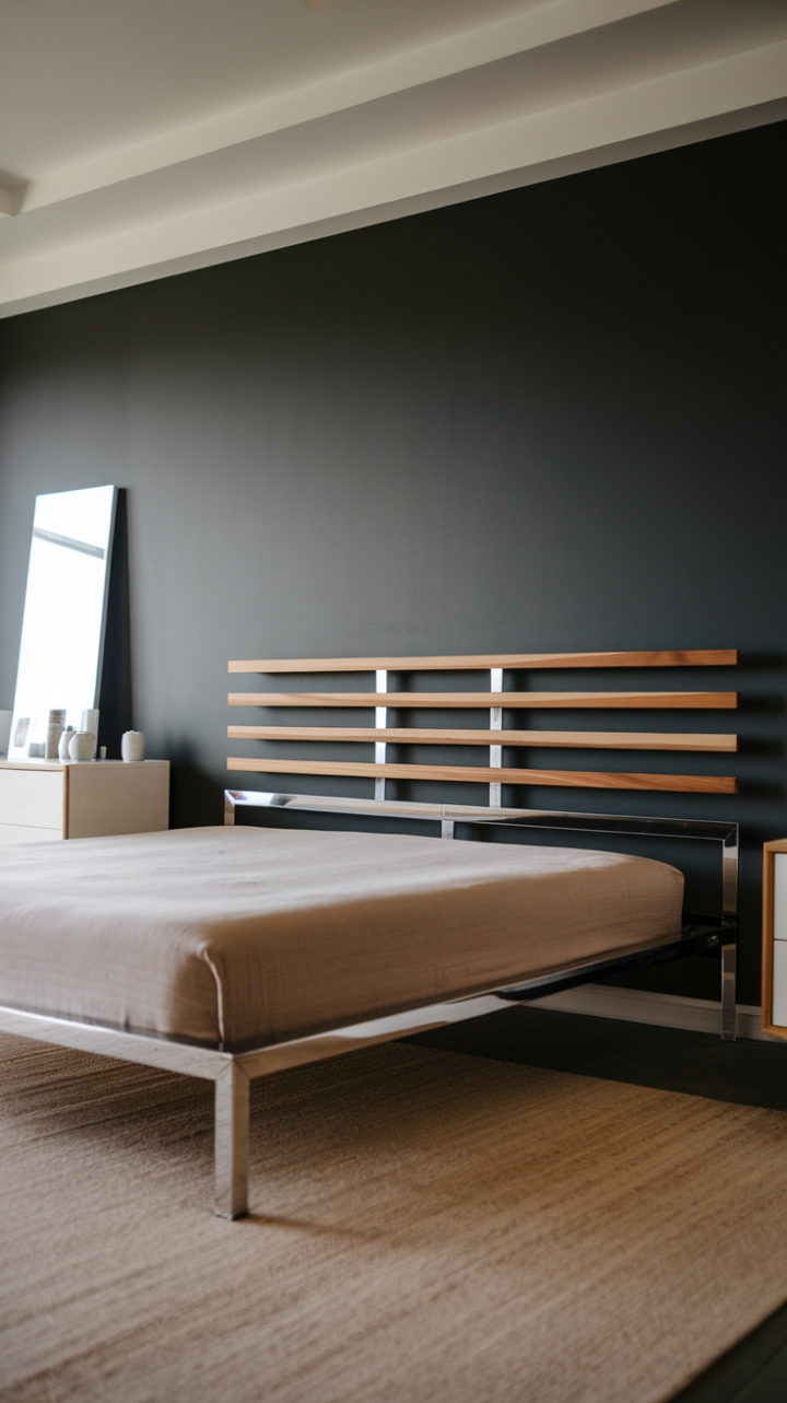 Indulge in the sophisticated serenity of this contemporary bedroom. A minimalist wood headboard anchors the sleek metal bed frame, creating a haven of calm against the dark grey walls. The subtle beige rug and crisp white dresser complete the refined aesthetic.