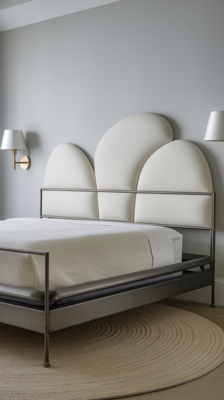 Sculptural curves and a sophisticated palette define this serene bedroom haven. The minimalist headboard, a study in elegant simplicity, anchors the space, while the muted gray walls and dark gray metal frame create a calming backdrop. A whisper-soft round rug adds a touch of textural warmth.