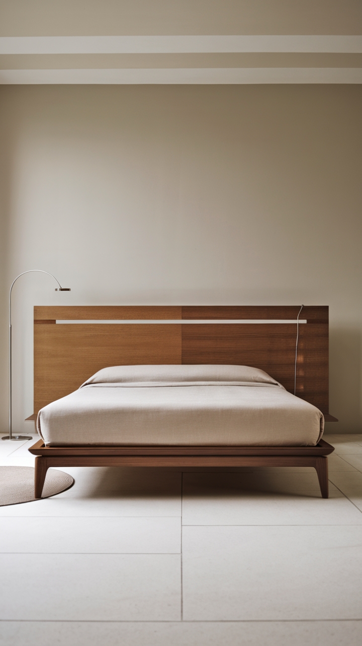 Modern minimalism meets refined comfort in this exquisitely designed bedroom. A sleek wooden bed, perched on tapered legs and crowned with a simple headboard, commands attention against a backdrop of calming grey walls and expansive white tiles. Subtle curves in the bedside lamp add a touch of unexpected elegance.