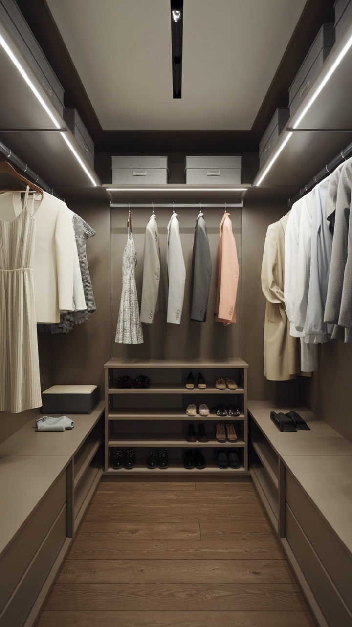 This contemporary walk-in closet is a masterclass in minimalist design, showcasing a sleek storage system that harmonizes style and functionality. The carefully arranged clothing on rails-ranging from elegant dresses to tailored suits-invites a sense of organized luxury, while the thoughtfully placed shelves display an array of shoes and accessories, adding a personal touch. The warm wood floor complements the bright lighting, creating an inviting atmosphere, and the built-in benches offer a perfect spot for a moment of reflection amidst the chic surroundings.