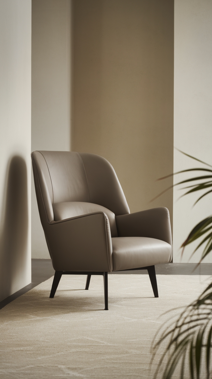 Modern sanctuary meets minimalist chic. A single, exquisitely designed armchair takes center stage in this light-filled space, its form perfectly complementing the calming greys and beiges. A simple plant adds a touch of nature's artistry, completing this picture of refined simplicity.
