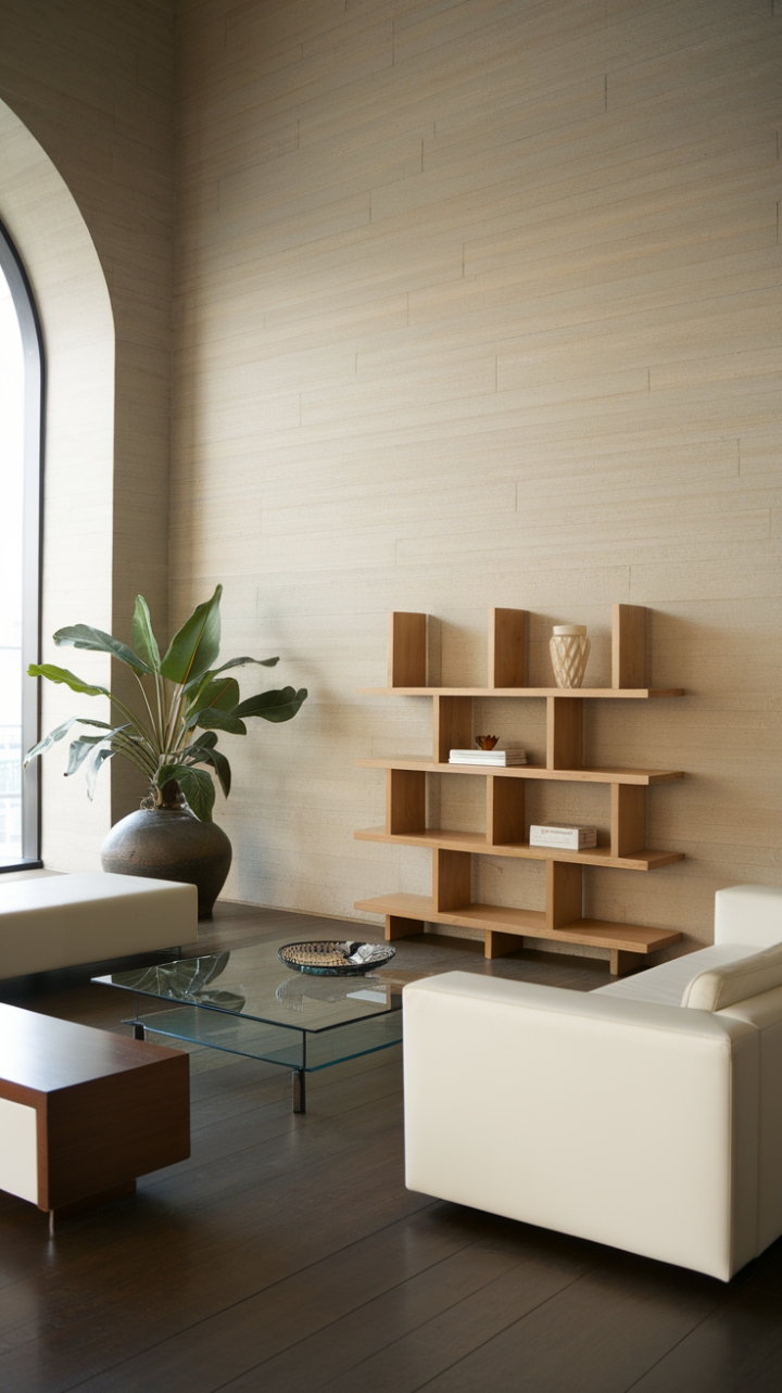 Modern minimalism meets organic warmth in this exquisitely designed space. Textured beige walls create a backdrop for clean-lined furniture, including a pristine white sofa and a glass coffee table that reflects light and amplifies the airy feel. A wooden bookshelf adds a touch of natural texture, while a large potted plant brings life and vibrancy to the room, all set against a sophisticated dark wood floor.