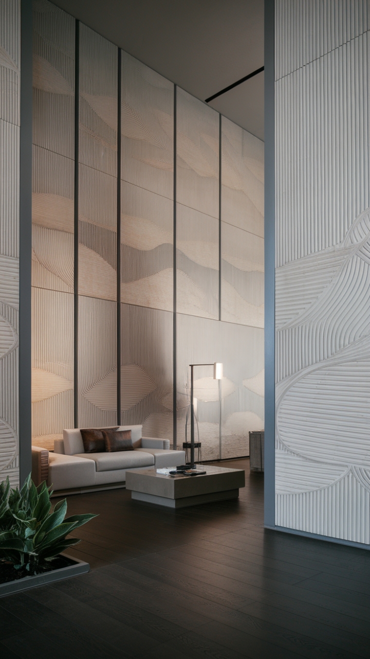 Sculptural wall panels in a calming grey wash create a mesmerizing focal point in this contemporary living room. The interplay of texture and light, paired with a dark wood floor and minimalist furnishings, defines understated elegance.