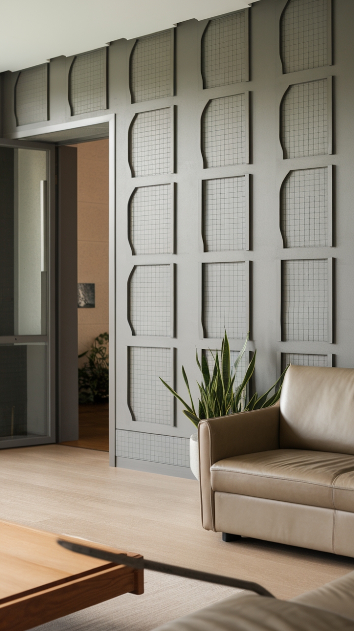 This contemporary room exudes sophistication with its sleek wall surfaces adorned with a minimalist grid-patterned textured wall treatment, creating a striking visual focal point. A plush beige sofa invites relaxation, perfectly complemented by a warm wooden coffee table that adds an organic touch. A vibrant plant breathes life into the space, while the light wood flooring enhances the airy ambiance, leading gracefully to a door that hints at further exploration within the home.