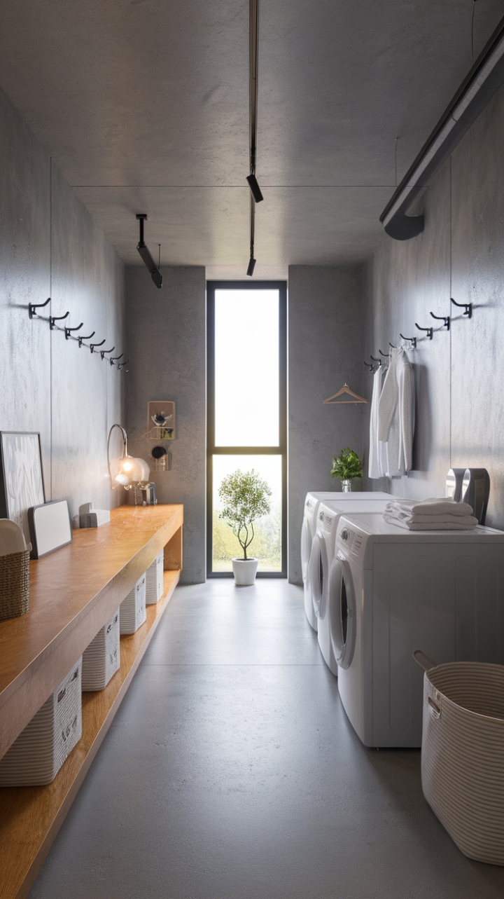 This modern laundry room embodies the essence of minimalist design, where functionality meets style in a serene palette of whites and natural textures. The sleek white washer and dryer blend seamlessly with the warm wooden countertop, creating a harmonious workspace that invites organization. Concrete walls and flooring lend an industrial edge, while strategically placed hooks offer a practical touch for hanging clothes. A small potted plant by the window breathes life into the space, complemented by a thoughtfully chosen lamp that adds warmth and personality, making laundry day a little more enjoyable.