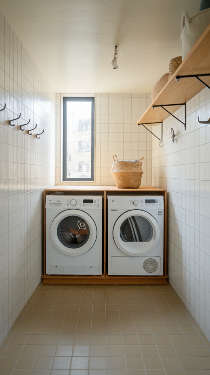 This modern laundry room exudes a perfect blend of style and functionality, showcasing a pristine white front-loading washer and dryer that seamlessly integrate into the chic design. Above the machines, a warm wooden shelf adds a touch of natural elegance, adorned with a neatly placed basket that enhances organization without sacrificing aesthetics. The soft beige tiled floor complements the serene atmosphere, while strategically placed hooks on the walls provide practical storage solutions. Bathed in natural light from the inviting window, this space transforms the often-overlooked chore of laundry into a delightful experience.