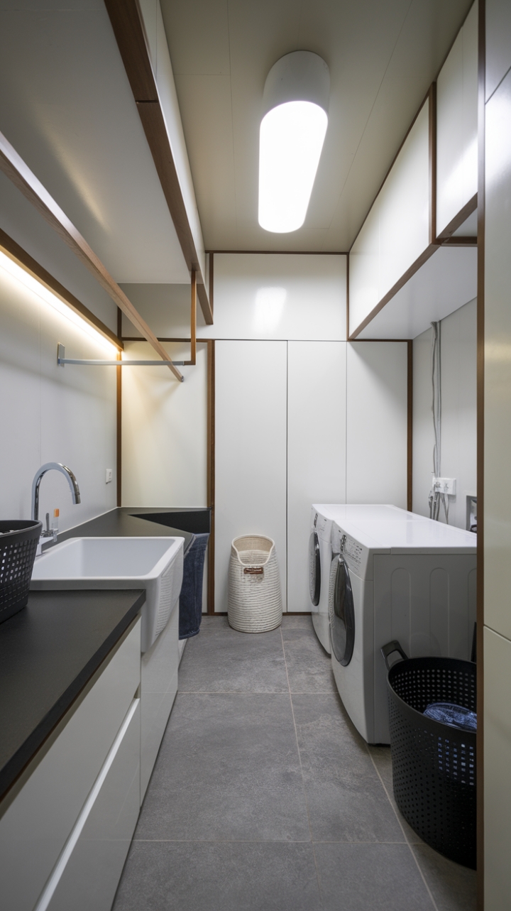 This contemporary laundry room embodies the essence of modern minimalism, where functionality meets style in a seamless blend. The pristine white sink and cabinetry contrast beautifully with the sleek black countertop, creating a striking visual appeal. A white washing machine and dryer sit neatly tucked away, while the grey tiled floor adds a touch of sophistication. Thoughtful details like a black basket and a white laundry bag enhance the room's practicality, while innovative features such as a hanging rail and clothing rod maximize space efficiency. Bright, inviting lighting from both the ceiling and wall fixtures illuminates the area, making laundry day a more enjoyable experience.