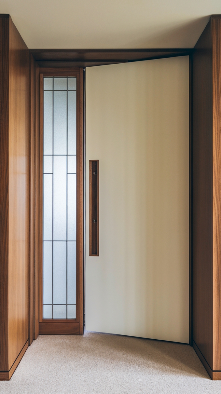 This stunning contemporary interior door embodies the essence of modern minimalism, showcasing a seamless blend of form and function. Crafted from smooth-finished wood and painted in a crisp white, it stands out beautifully against the rich, dark wood frame, creating a striking contrast that draws the eye. The elegant rectangular glass panel near the top invites natural light to filter through, enhancing the airy feel of the stylish entryway. Complemented by a soft beige carpet underfoot, this door not only serves as a functional element but also as a chic statement piece that harmonizes with the overall aesthetic of the space.