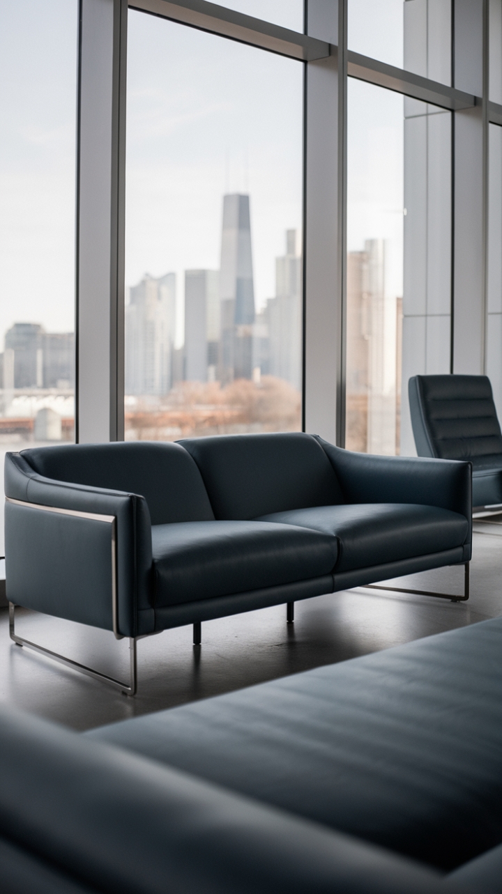 This contemporary living room exudes urban sophistication, anchored by a minimalist sofa that showcases sleek lines and a striking dark blue upholstery. Positioned perfectly in front of a large window, the sofa offers an unobstructed view of the city skyline, creating a stunning backdrop that enhances the room's modern aesthetic. Complementing the sofa is a chic lounge chair, echoing the same stylish design, inviting relaxation while maintaining the space's clean and uncluttered vibe. The overall ambiance is a harmonious blend of contemporary elegance and vibrant city life.