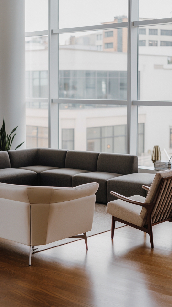 This beautifully curated minimalist room showcases a contemporary white sofa with sleek metal legs, harmonizing with a dark gray sectional that commands attention in front of a large window revealing a breathtaking urban skyline. A chic lounge chair, featuring a wooden frame and plush beige cushion, complements the space, while the rich hardwood floor grounds the design. Thoughtfully placed decorative elements, such as a lush plant and a stylish lamp, add personality and warmth, making this serene retreat a perfect blend of modern elegance and cozy charm.