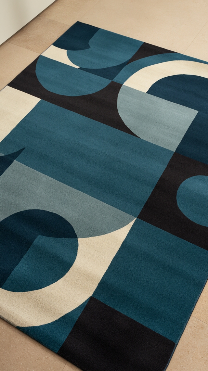 Dive into a world of abstract elegance with this stunning rug. The interplay of triangles, circles, and squares in varying shades of blue, accented by stark white and black, commands attention while maintaining a sense of serene sophistication. A masterpiece for the modern minimalist.