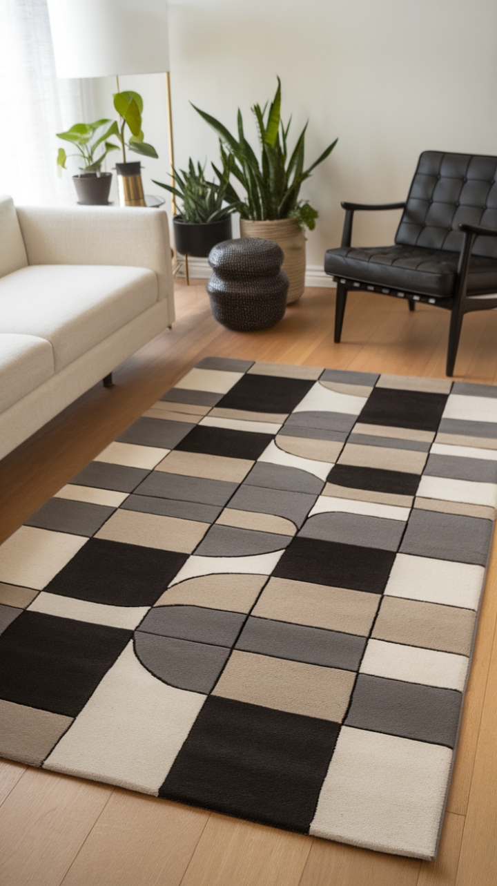 This chic contemporary rug serves as the stunning centerpiece of a modern living space, showcasing a minimalist design that harmonizes beautifully with its surroundings. The geometric pattern of black, white, and gray squares dances across a soft beige background, creating a wave-like effect that draws the eye and adds depth to the room. Nestled atop a warm wooden floor, the rug complements the sleek white couch and bold black chair, while a small table and vibrant potted plants bring life and warmth to the space. A stylish lamp completes the scene, illuminating the perfect blend of comfort and sophistication.