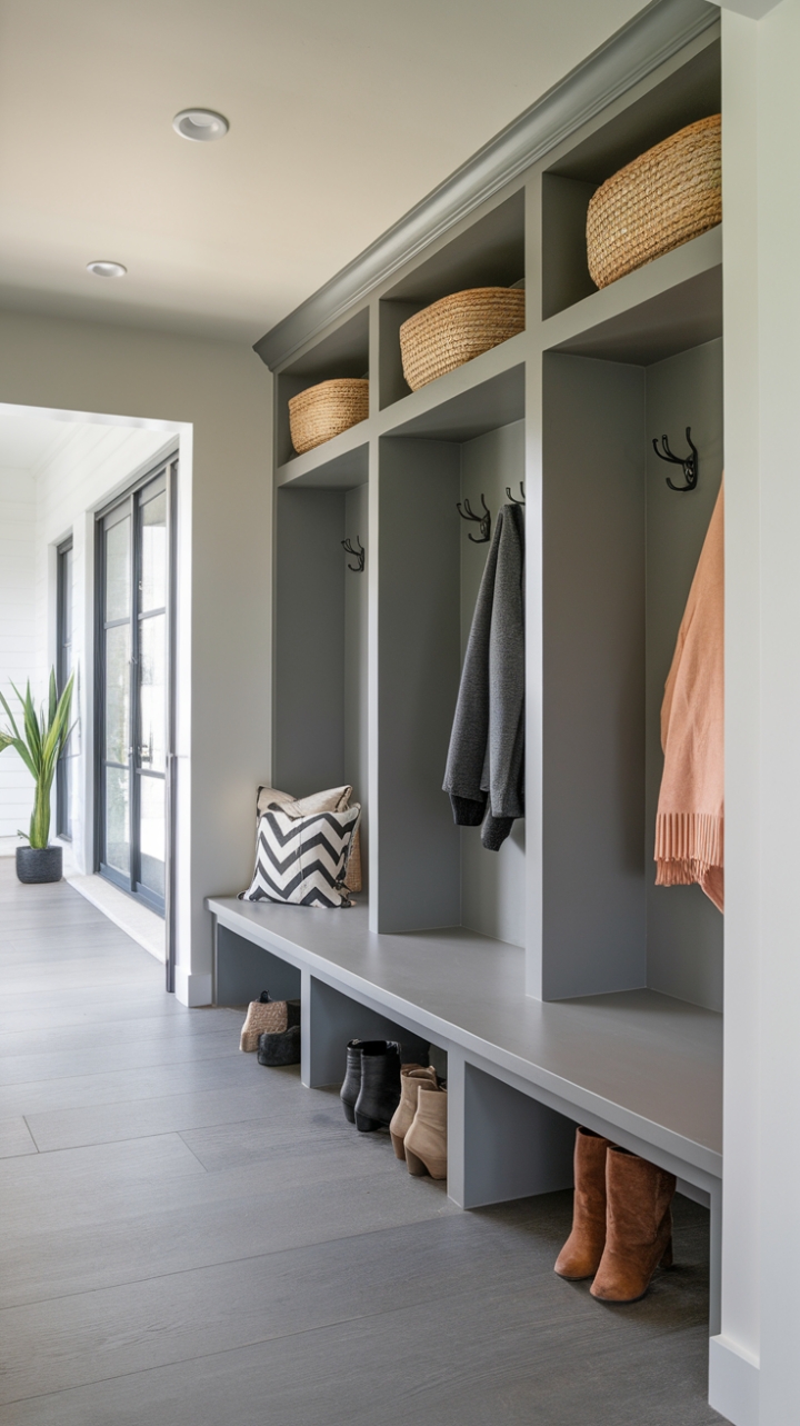 Declutter your entryway with this stunning mudroom design. Sleek storage and a sophisticated aesthetic transform a typically chaotic space into a stylish and organized haven. A testament to how modern design can enhance both beauty and practicality.