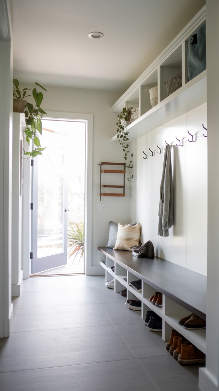 This contemporary mudroom embodies the essence of minimalist design, showcasing a harmonious blend of functionality and style. With its pristine white walls and sleek tiled floor, the space radiates brightness and openness, inviting a sense of calm as you enter. Thoughtfully designed storage solutions, including a chic shoe rack and streamlined shelves, keep the area organized while maintaining a clean aesthetic. A few strategically placed plants add a touch of nature, enhancing the room's fresh ambiance and creating a welcoming transition to the outdoors.