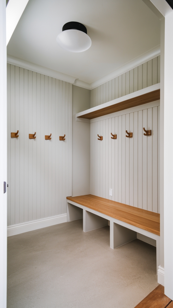 Streamlined style meets practical perfection in this contemporary mudroom. A minimalist bench with clean lines and a light wood grain complements the sleek wall-mounted coat rack, creating a functional yet chic entryway. The light grey flooring adds a touch of understated elegance, while the simple ceiling fixture keeps the focus on the room's sophisticated design. This space proves that organization can be beautiful.