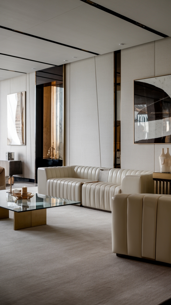 In this chic living room, contemporary luxury meets minimalist design, featuring a striking white leather sofa paired with a stylish glass coffee table that reflects the room's upscale aesthetic. The walls, adorned with captivating abstract art, bring a vibrant energy to the space, while the soft light grey carpet grounds the room in understated elegance. With its premium materials and thoughtfully chosen designer furnishings, this living area embodies a perfect blend of sophistication and modern charm.