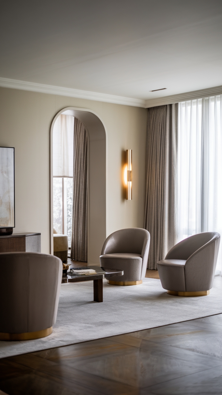 Bathed in soft light, this minimalist luxury lounge invites relaxation. Clean lines, exquisite textures, and a curated selection of designer pieces combine to create a space that is both stylish and supremely comfortable. The expansive window and light wood flooring add warmth and airy spaciousness to this high-end sanctuary.