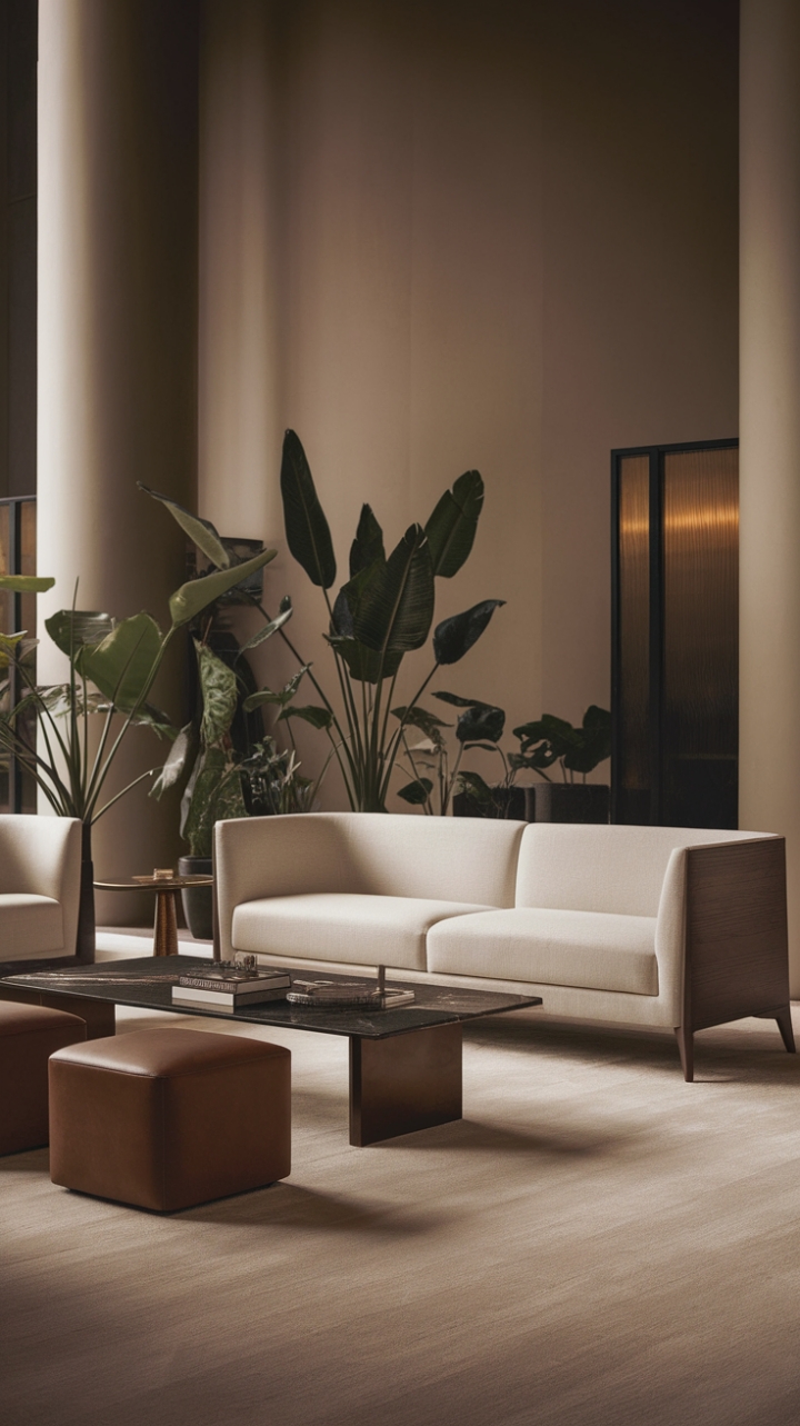 Indulge in the understated luxury of this contemporary living room. Subtle textures and a neutral palette create a haven of calm, punctuated by the sleek lines of designer furniture and the verdant touch of potted plants. The soft lighting and plush carpet invite you to sink into the serene atmosphere.