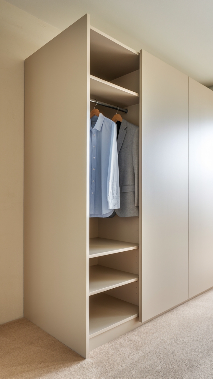 This contemporary wardrobe embodies the essence of minimalist design, featuring a pristine white exterior that seamlessly blends with the soft beige wall behind it. The understated elegance is further enhanced by the plush beige carpeting underfoot, creating a serene and cohesive atmosphere. Inside, a curated selection of clothing-a crisp blue shirt and a sophisticated grey blazer-adds a touch of personality, inviting a glimpse into a thoughtfully organized space that balances style and simplicity.