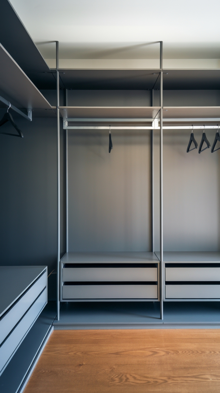 Dark grey sophistication meets streamlined storage. This modern wardrobe is the epitome of minimalist chic, offering ample hanging space and shelving within its sleek, space-saving design. The perfect blend of form and function for the discerning homeowner.