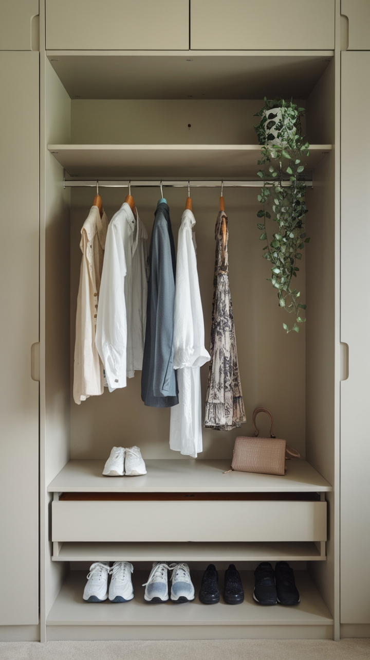 Behold, a wardrobe that's as stylish as it is functional. Sleek, minimalist design meets everyday practicality in this beautifully organized space. Note the thoughtful details: a touch of greenery, perfectly placed shoes-a testament to curated living.