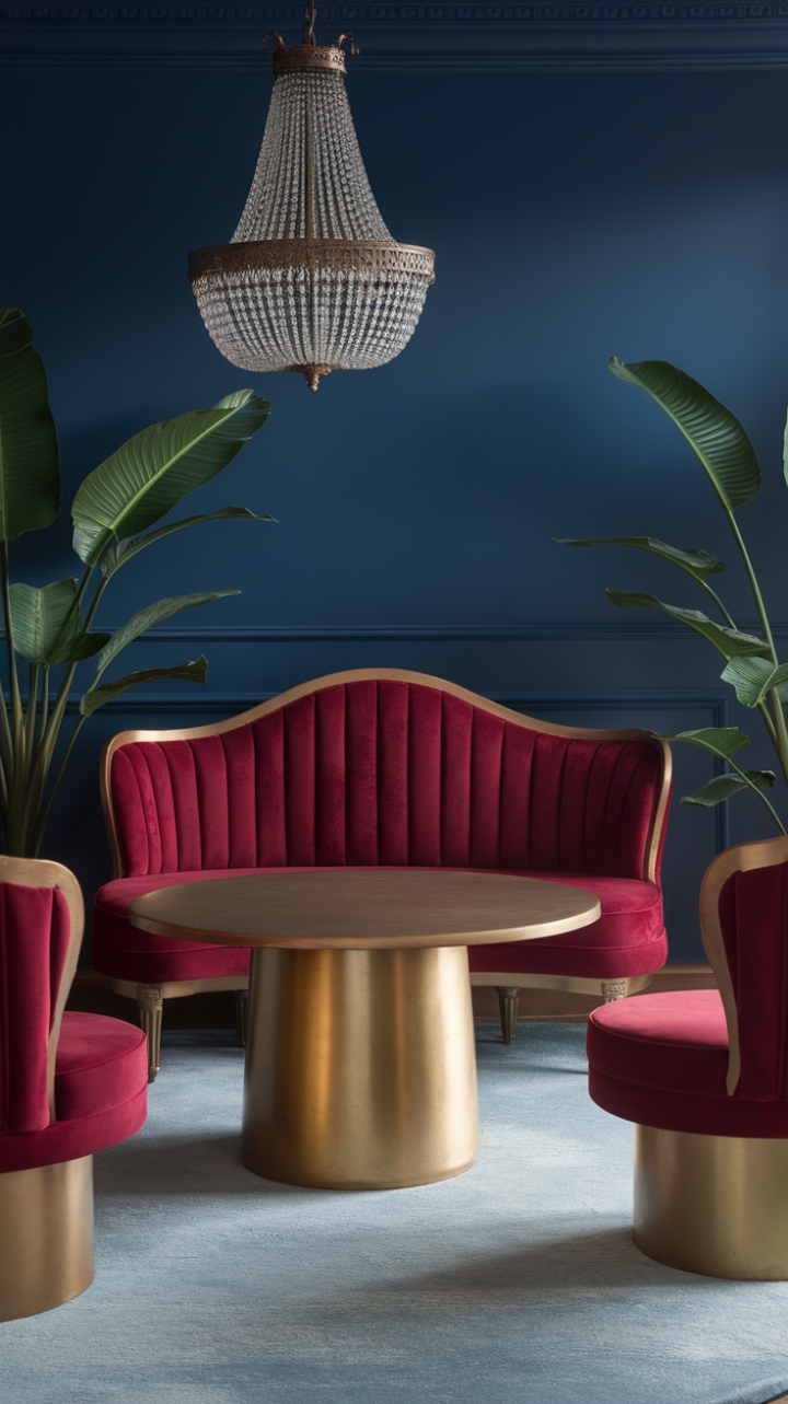 This contemporary Victorian-style room is a stunning fusion of classic elegance and modern flair, featuring a plush red sofa adorned with gold accents that invites relaxation. Flanking the sofa are matching chairs that create a cohesive seating arrangement, while a large, round gold table serves as a striking centerpiece, perfect for both conversation and style. A vintage-style chandelier casts a warm glow overhead, enhancing the room's sophisticated ambiance, while the deep blue walls provide a dramatic backdrop that complements the vibrant furnishings. Lush green plants breathe life into the space, and a light blue rug underfoot ties the entire look together, making this room a perfect blend of comfort and chic design.