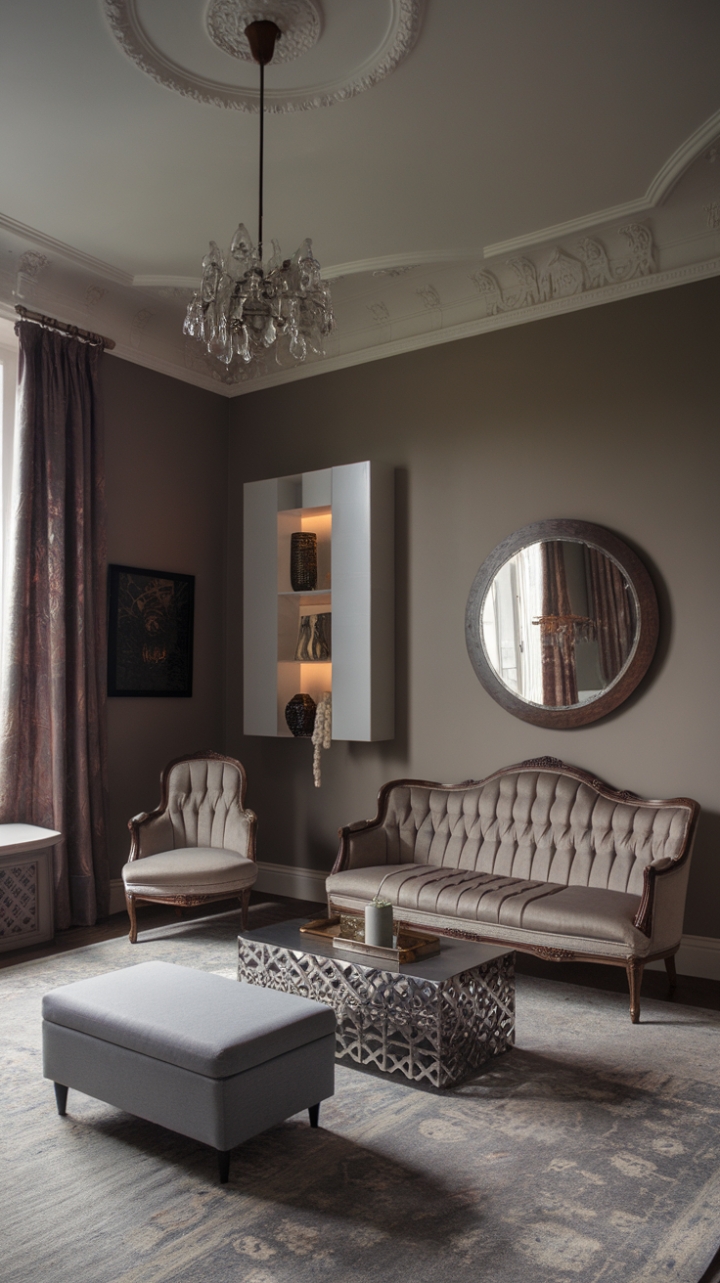 A captivating blend of vintage elegance and modern flair defines this contemporary Victorian-style room, where high ceilings adorned with intricate mouldings and a dazzling chandelier create an air of sophistication. The vintage Victorian-style sofa, paired with a sleek modern ottoman, invites relaxation, while a geometric-patterned coffee table adds a fresh twist to the space. A beautifully curved Victorian chair nestled in the corner enhances the room's character, all set against muted gray walls and a patterned rug that brings warmth and cohesion to this stylish sanctuary.