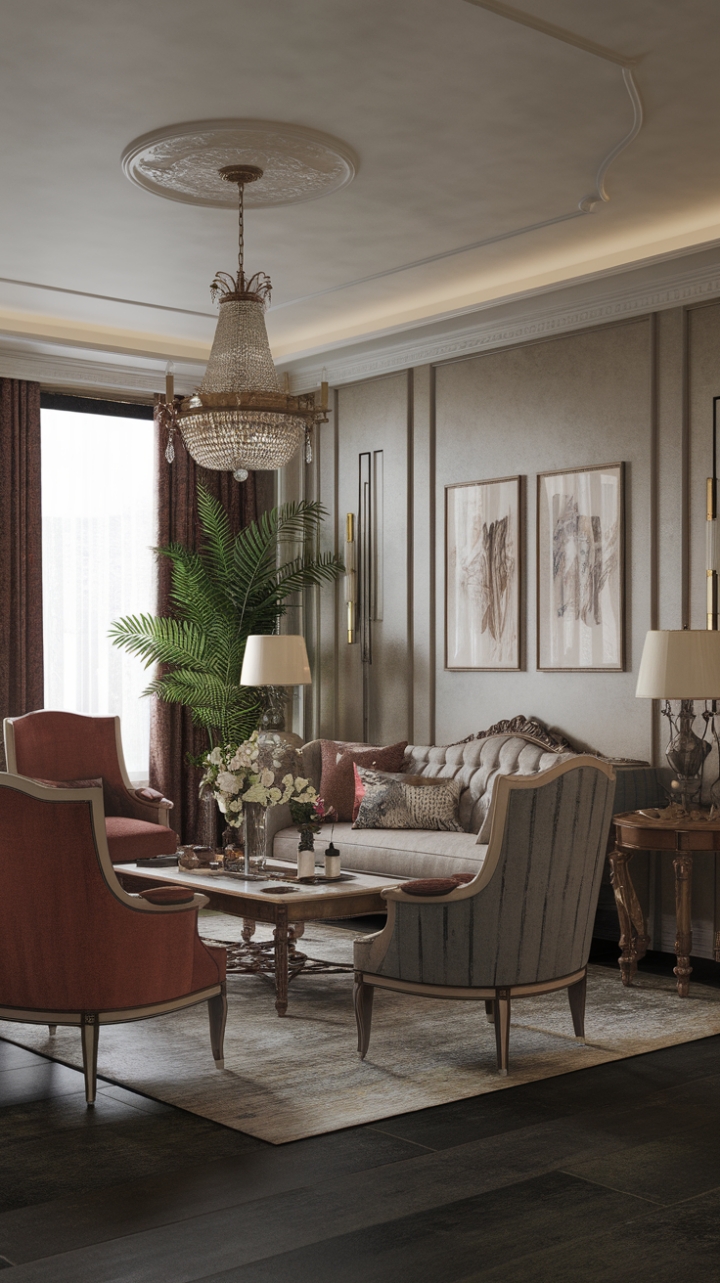 This exquisite living room captures the essence of modern Victorian style, where timeless elegance meets contemporary flair. The soaring ceiling, highlighted by a stunning chandelier, creates an airy ambiance, while the plush sofa and thoughtfully arranged chairs around the coffee table invite both comfort and conversation. Victorian-inspired furniture, with its intricate details and graceful lines, coexists beautifully with sleek modern accents, such as the chic lamp and minimalist side table. The walls, adorned with captivating artwork, and a lush plant in the corner add layers of personality, while the cozy rug underfoot grounds the space, making it a perfect retreat that celebrates both history and modernity.