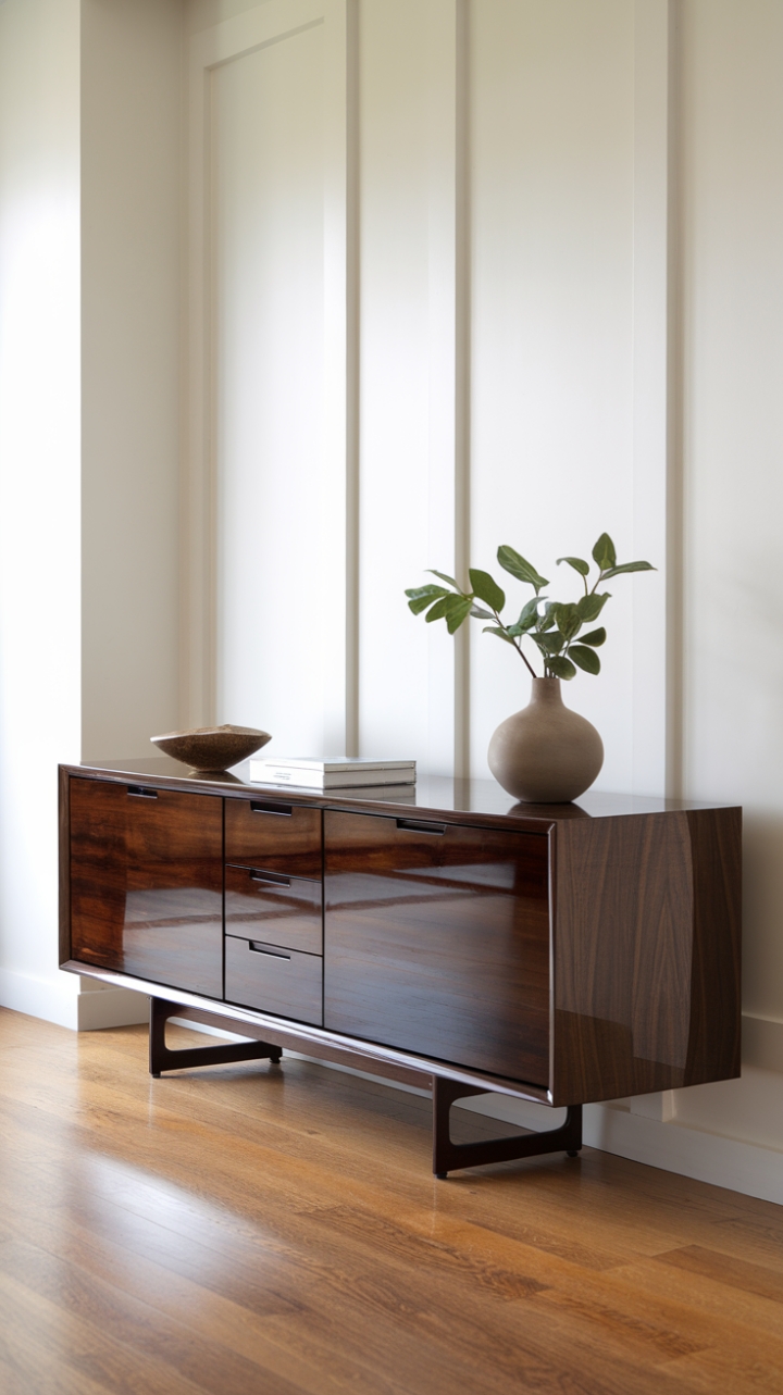 This contemporary sideboard exudes a chic urban vibe, showcasing a minimalist design that perfectly complements its surroundings. Crafted from dark wood with a glossy finish, it features two sleek drawers and four elegantly concealed doors, offering both style and functionality. Set against the backdrop of bright white walls and warm hardwood floors, this piece serves as a stunning focal point, harmonizing modern aesthetics with a touch of sophistication.