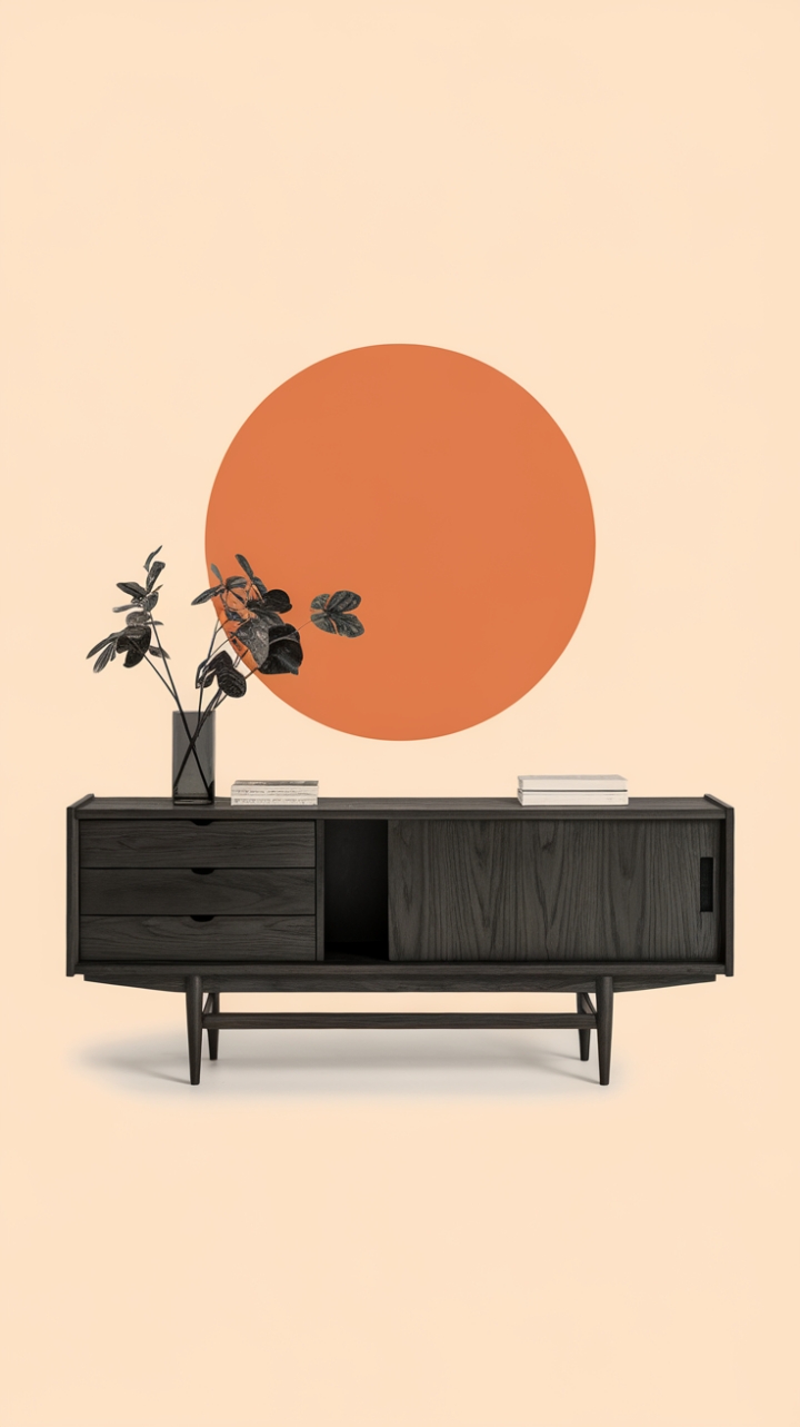 With its refined minimalist design, this contemporary sideboard serves as a stunning centerpiece for a modern living room, exuding an urban sophistication that is both stylish and practical. The dark wood finish adds depth and warmth, while the thoughtfully designed drawers and door provide generous storage options, ensuring that functionality meets elegance. Positioned against a clean, uncluttered background, this sideboard stands out as a testament to the beauty of simplicity in home decor.